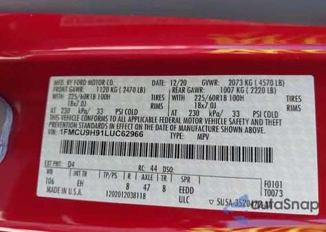 2020 Ford Escape Sel z USA, uszkodzony, nr VIN 1FMCU9H91LUC62966